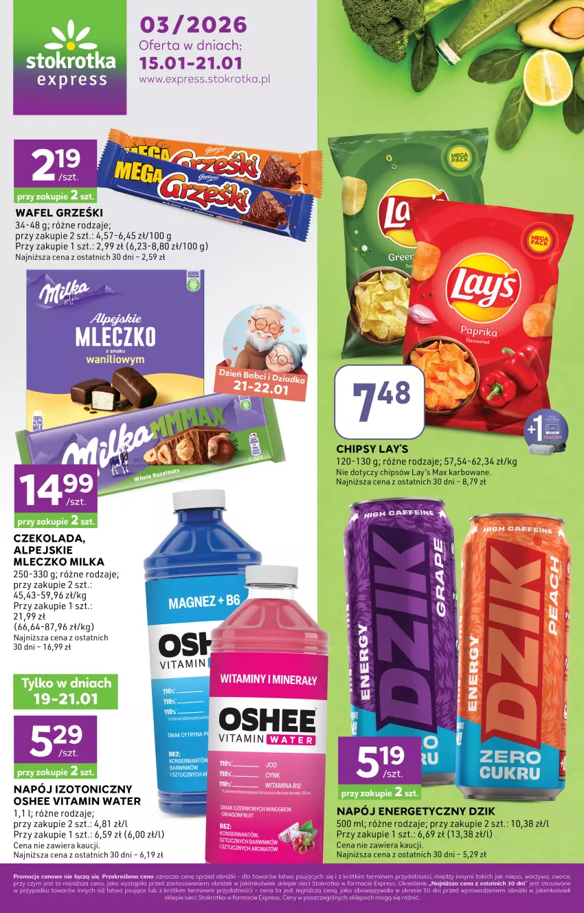 Gazetka promocyjna Stokrotka - Stokrotka Express - ważna 15.01 do 21.01.2026 - strona 1 - produkty: Chipsy, Czekolada, Fa, Gra, LG, Mięso, Milka, Mleczko, Napój, Napój izotoniczny, Oshee, Owoce, Warzywa