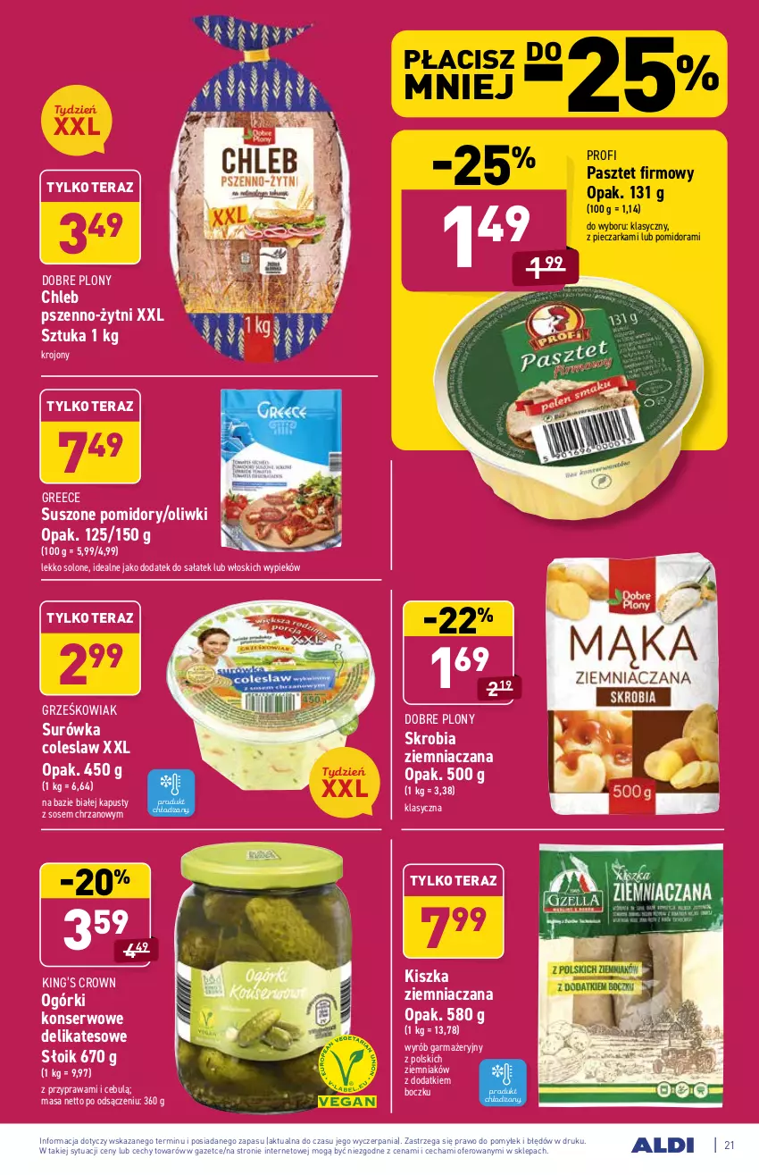 Gazetka promocyjna Aldi - ważna 17.05 do 22.05.2021 - strona 21 - produkty: Chleb, Chrzan, King’s Crown, Ogórki konserwowe, Oliwki, Pasztet, Piec, Pieczarka, Pomidory, Sałat, Ser, Skrobia ziemniaczana, Sos, Surówka, Surówka coleslaw, Suszone pomidory, Tera