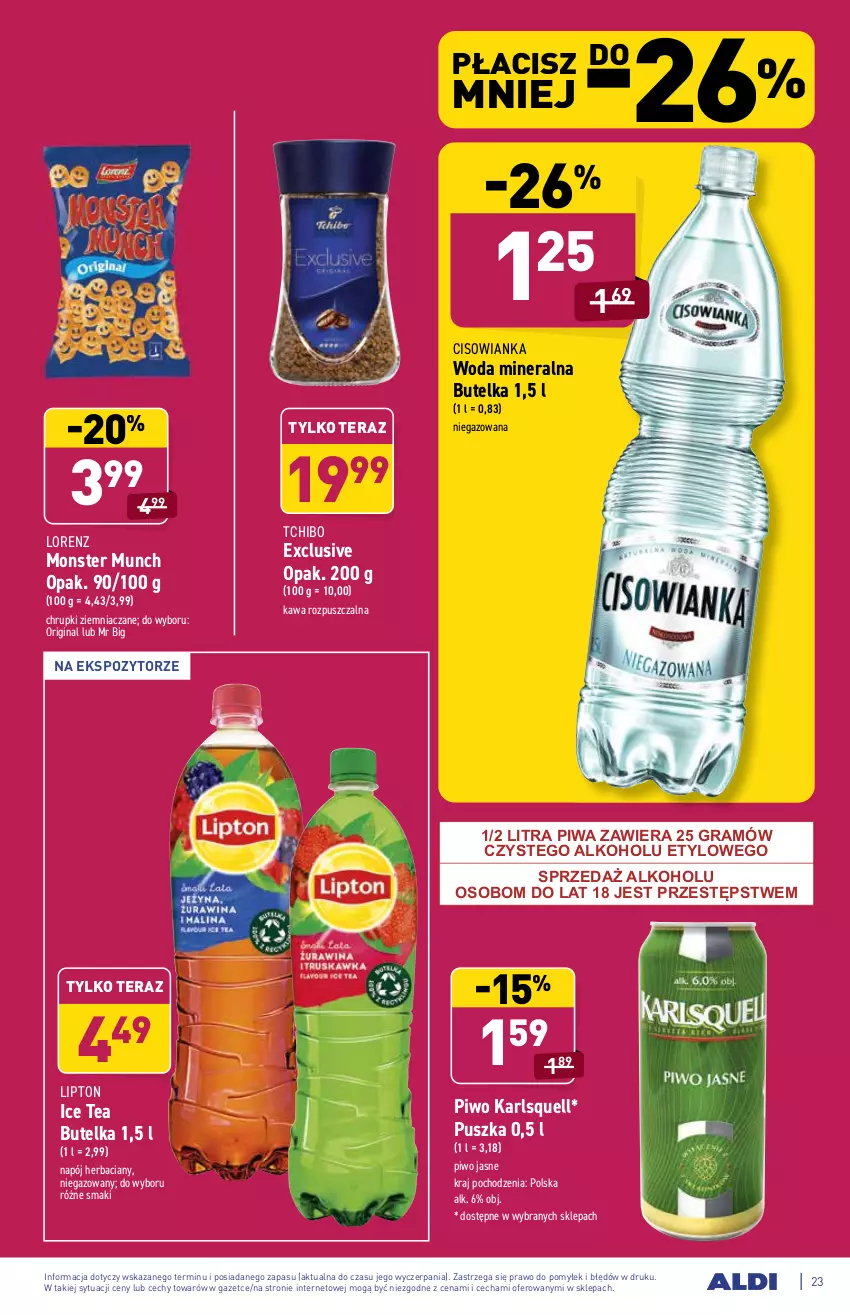 Gazetka promocyjna Aldi - ważna 17.05 do 22.05.2021 - strona 23 - produkty: Chrupki, Cisowianka, Gin, Gra, Ice tea, Karlsquell, Kawa, Kawa rozpuszczalna, Lipton, Lorenz, Monster Munch, Napój, Piwa, Piwo, Piwo jasne, Tchibo, Tera, Woda, Woda mineralna