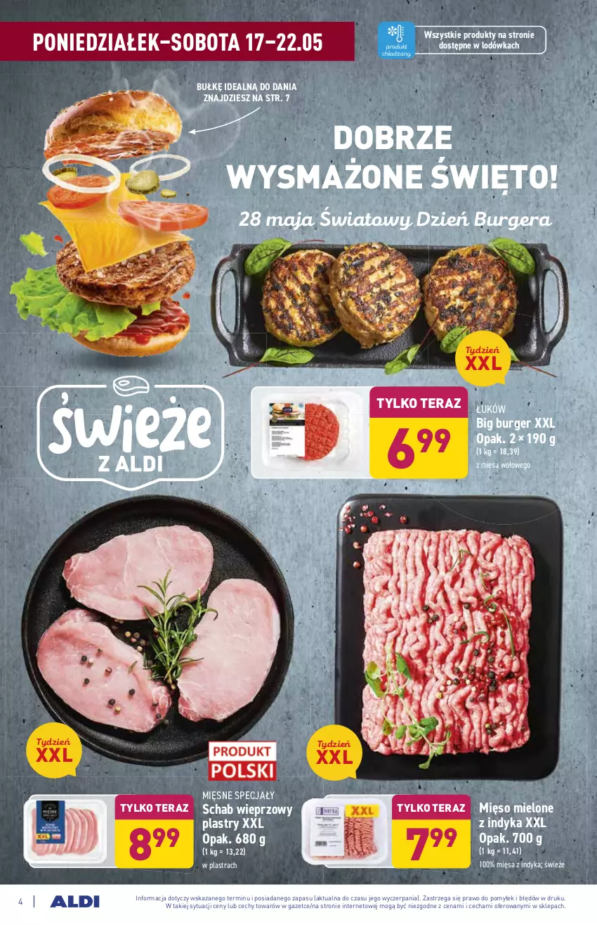 Gazetka promocyjna Aldi - ważna 17.05 do 22.05.2021 - strona 4 - produkty: Burger, Lodówka, Mięsne specjały, Mięso, Mięso mielone, Schab wieprzowy, Tera