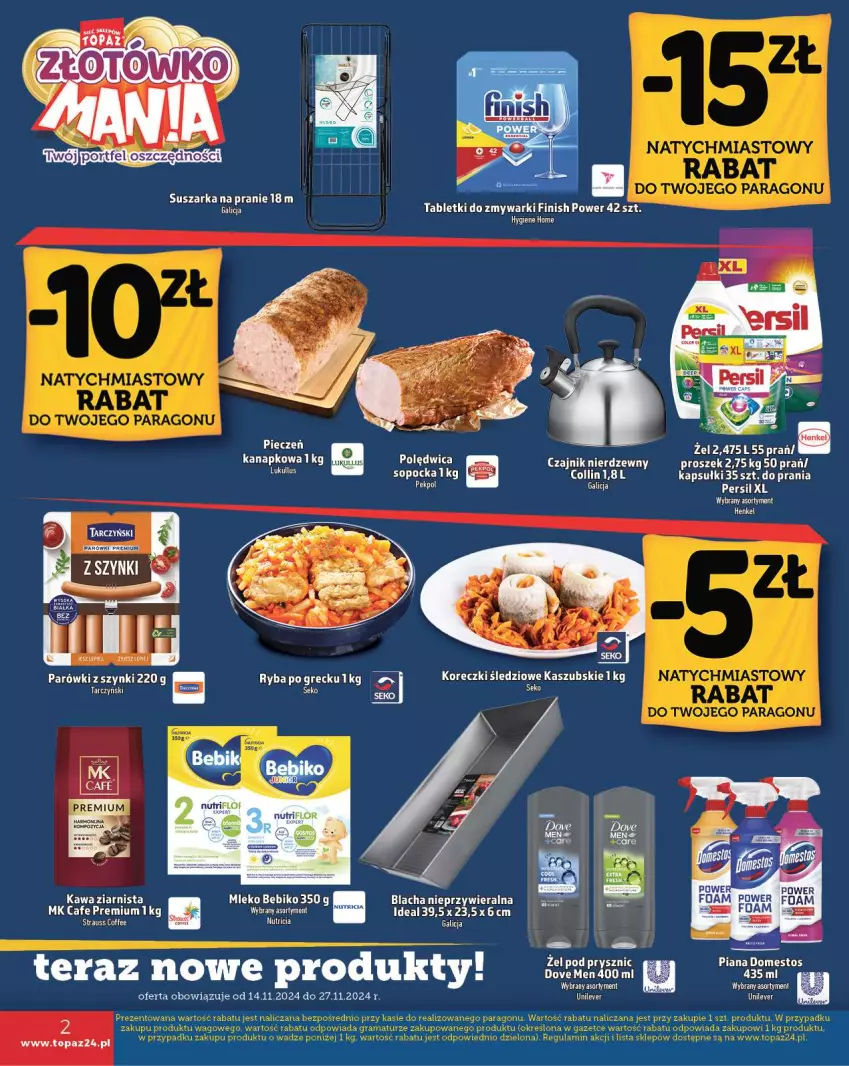 Gazetka promocyjna Topaz - Gazetka - ważna 14.11 do 27.11.2024 - strona 2 - produkty: Bebiko, Czajnik, Domestos, Finish, Kawa, Kawa ziarnista, Koreczki śledziowe, Mleko, Parówki, Persil, Polędwica, Ryba, SEKO, Suszarka, Suszarka na pranie, Tablet, Tabletki do zmywarki, Tarczyński, Top, Zmywarki