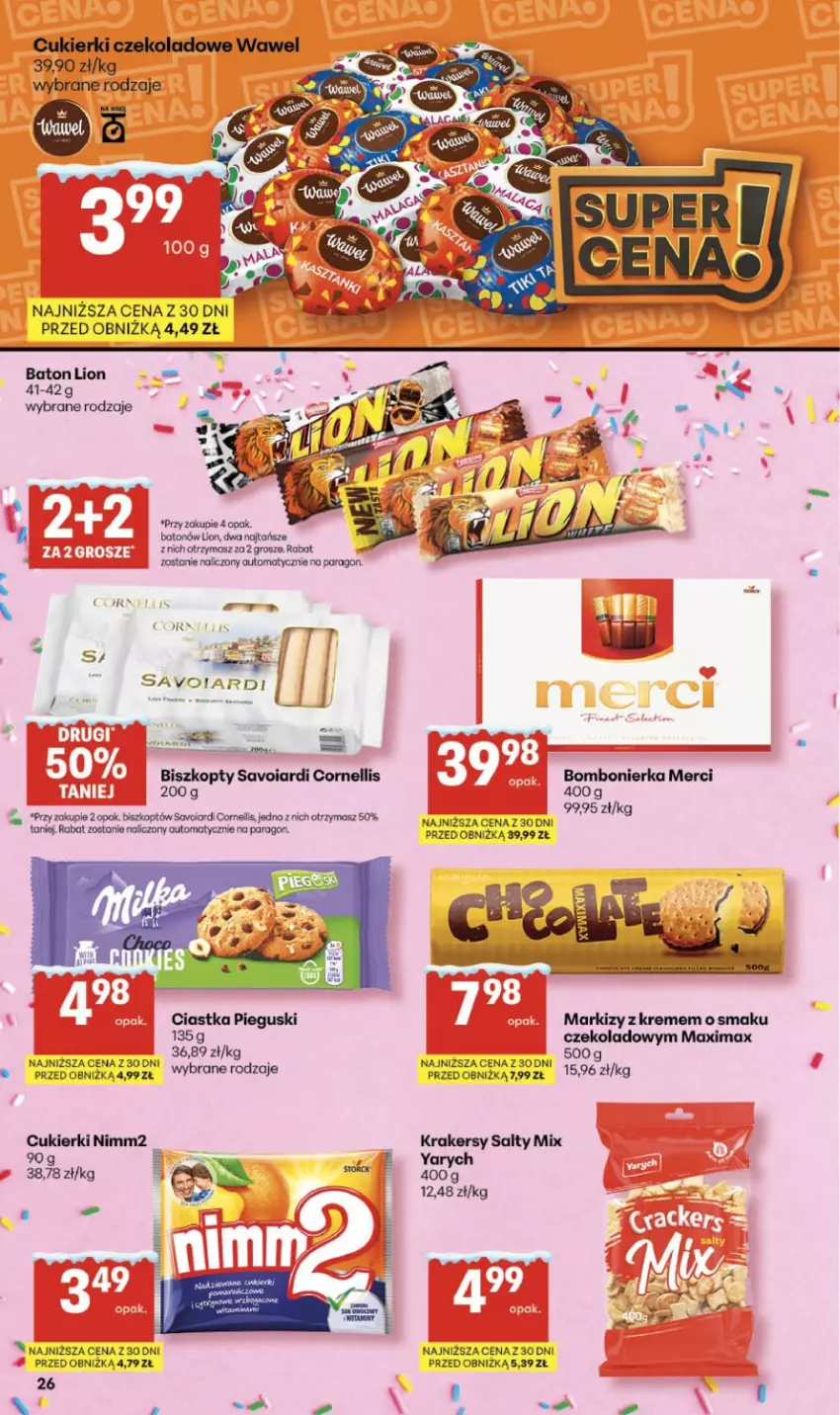 Gazetka promocyjna Delikatesy Centrum - Franczyza DC05 Czwartek - ważna 29.01 do 04.02.2026 - strona 26 - produkty: Baton, Biszkopty, Cukier, Cukierki, Krakersy, Lion, Merci, Nimm2