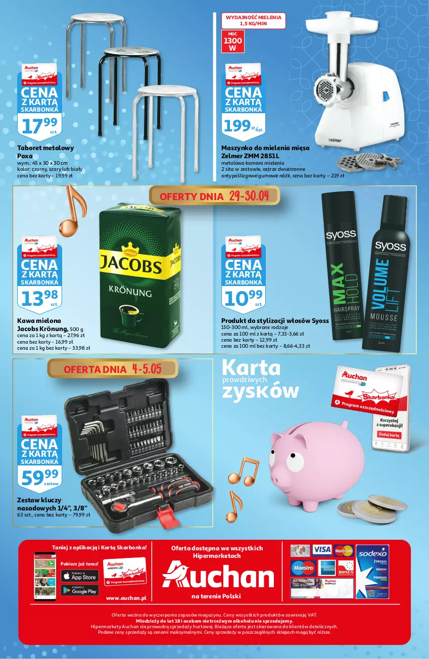 Gazetka promocyjna Auchan - Skarbonka #17 - ważna 29.04 do 05.05.2021 - strona 4 - produkty: Jacobs, Jacobs Krönung, Kawa, Kawa mielona, Maszynka, Maszynka do mielenia, Syoss, Szynka, Taboret, Tera, Zelmer, Zestaw kluczy, Zestaw kluczy nasadowych