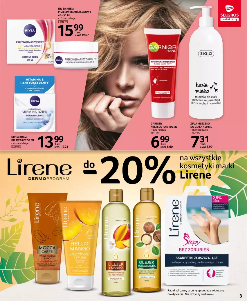 Gazetka promocyjna Selgros - Katalog Uroda - ważna 08.03 do 04.08.2021 - strona 3 - produkty: Garnier, Krem do rąk, Krem do twarzy, Krem przeciwzmarszczkowy, Lirene, Mars, Mleczko, Mleczko do ciała, Nivea, Ziaja