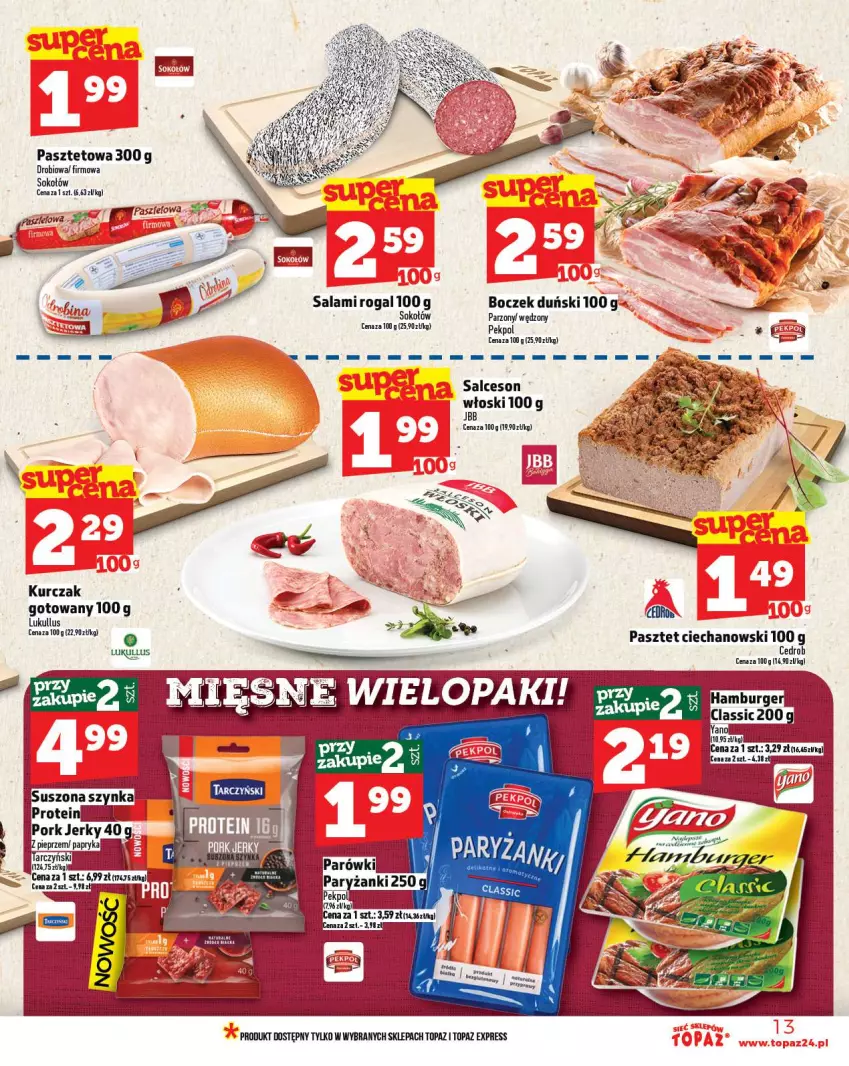 Gazetka promocyjna Topaz - Gazetka - ważna 07.08 do 13.08.2025 - strona 13 - produkty: Boczek, Kurczak, Pasztet, Rogal, Salami, Salceson, Sok, Sokołów, Top