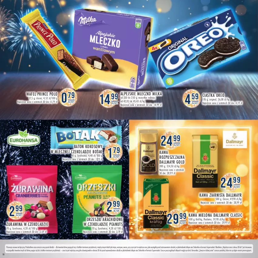 Gazetka promocyjna Stokrotka - Katalog Sylwester - ważna 28.12.2023 do 10.01.2024 - strona 10 - produkty: Baton, Ciastka, Dallmayr, Gin, Kawa, Kawa rozpuszczalna, Kawa ziarnista, Kokos, Mięso, Milka, Mleczko, Oreo, Orzeszki, Owoce, Prince Polo, Warzywa