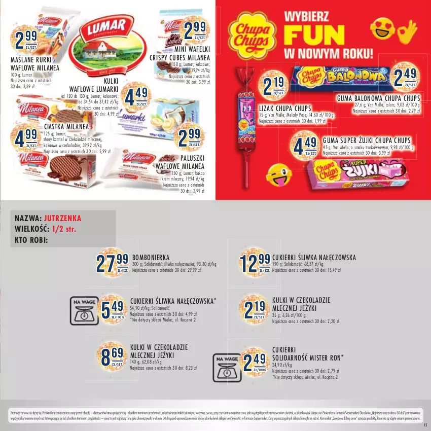 Gazetka promocyjna Stokrotka - Katalog Sylwester - ważna 28.12.2023 do 10.01.2024 - strona 15 - produkty: Chupa Chups, Ciastka, Cukier, Cukierki, Jeżyki, Jutrzenka, Kakao, Koc, Kokos, Lody, Mięso, Owoce, Rurki, Warzywa