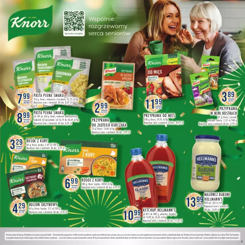 Gazetka promocyjna Stokrotka - Katalog Sylwester - ważna 28.12.2023 do 10.01.2024 - strona 23 - produkty: Babuni, Bulion, Cebula, Czosnek, Hellmann’s, Ketchup, Knorr, Kurczak, Lion, Majonez, Makaron, Mięso, Owoce, Rosół, Szpinak, Warzywa