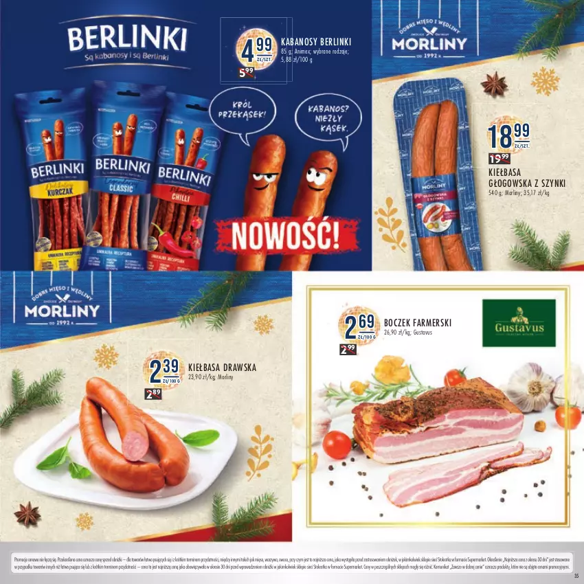 Gazetka promocyjna Stokrotka - Katalog Sylwester - ważna 28.12.2023 do 10.01.2024 - strona 35 - produkty: Berlinki, Boczek, Fa, Kabanos, Kiełbasa, Kiełbasa głogowska, Mięso, Morliny, Owoce, Warzywa