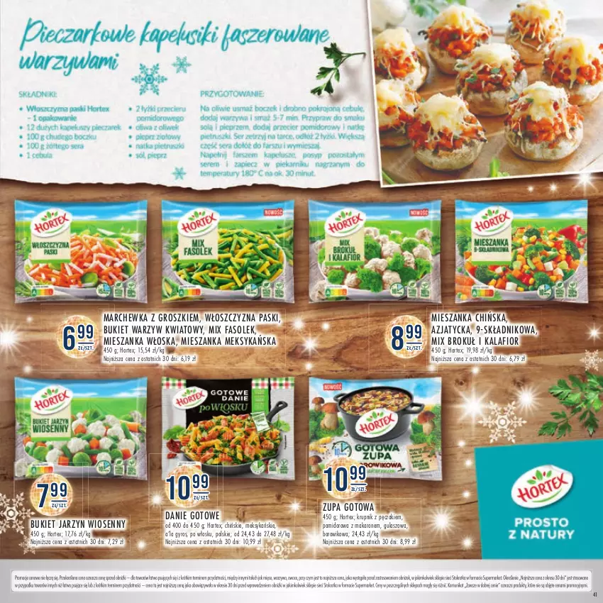 Gazetka promocyjna Stokrotka - Katalog Sylwester - ważna 28.12.2023 do 10.01.2024 - strona 41 - produkty: Bukiet, Bukiet warzyw, Danie gotowe, Fa, Gyros, Hortex, Kalafior, Krupnik, Makaron, Marchewka, Mięso, Mieszanka meksykańska, Owoce, Warzywa, Wiko, Zupa