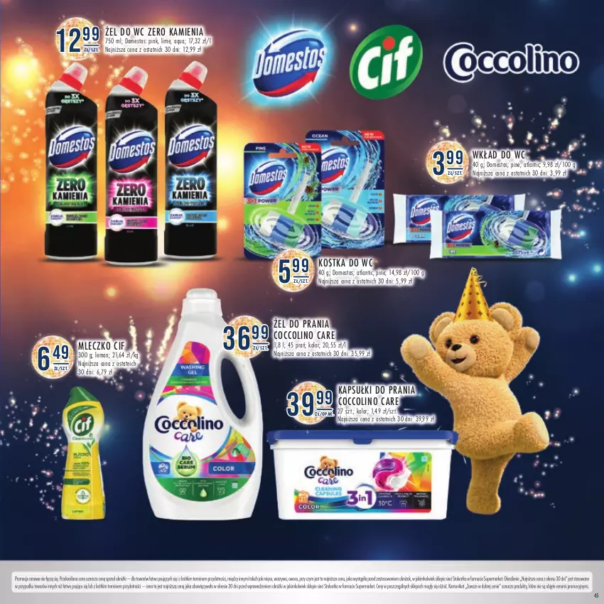 Gazetka promocyjna Stokrotka - Katalog Sylwester - ważna 28.12.2023 do 10.01.2024 - strona 45 - produkty: Cif, Coccolino, Domestos, Kapsułki do prania, Kostka do wc, Mięso, Mleczko, Owoce, Warzywa