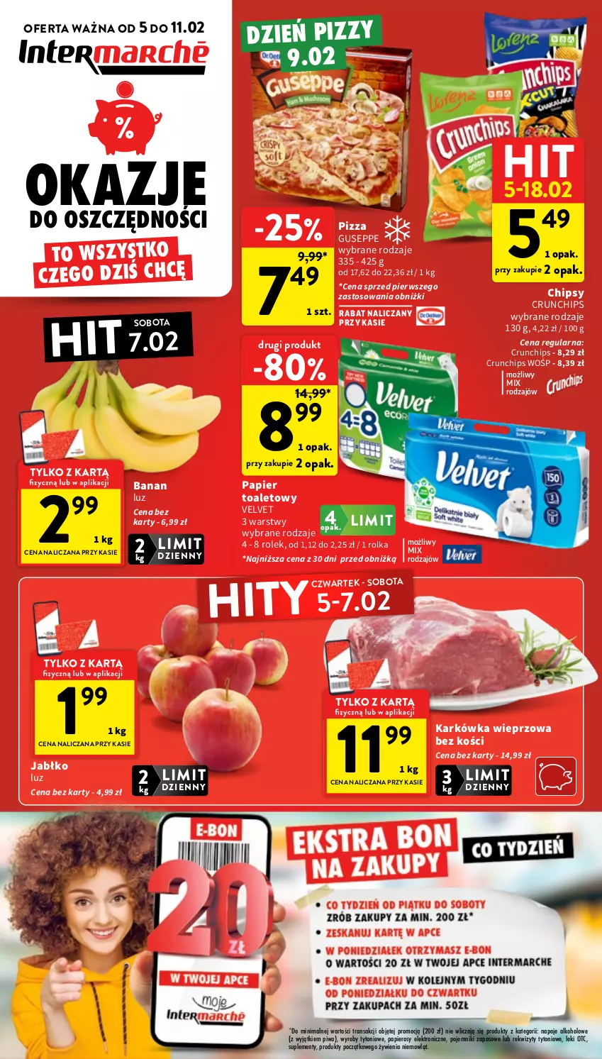 Gazetka promocyjna Intermarche - Gazetka Intermarche - ważna 05.02 do 11.02.2026 - strona 1 - produkty: Chipsy, Crunchips, Karkówka wieprzowa, Napoje, Papier, Papier toaletowy, Piwa, Pizza, Pojemnik, Tran, Velvet