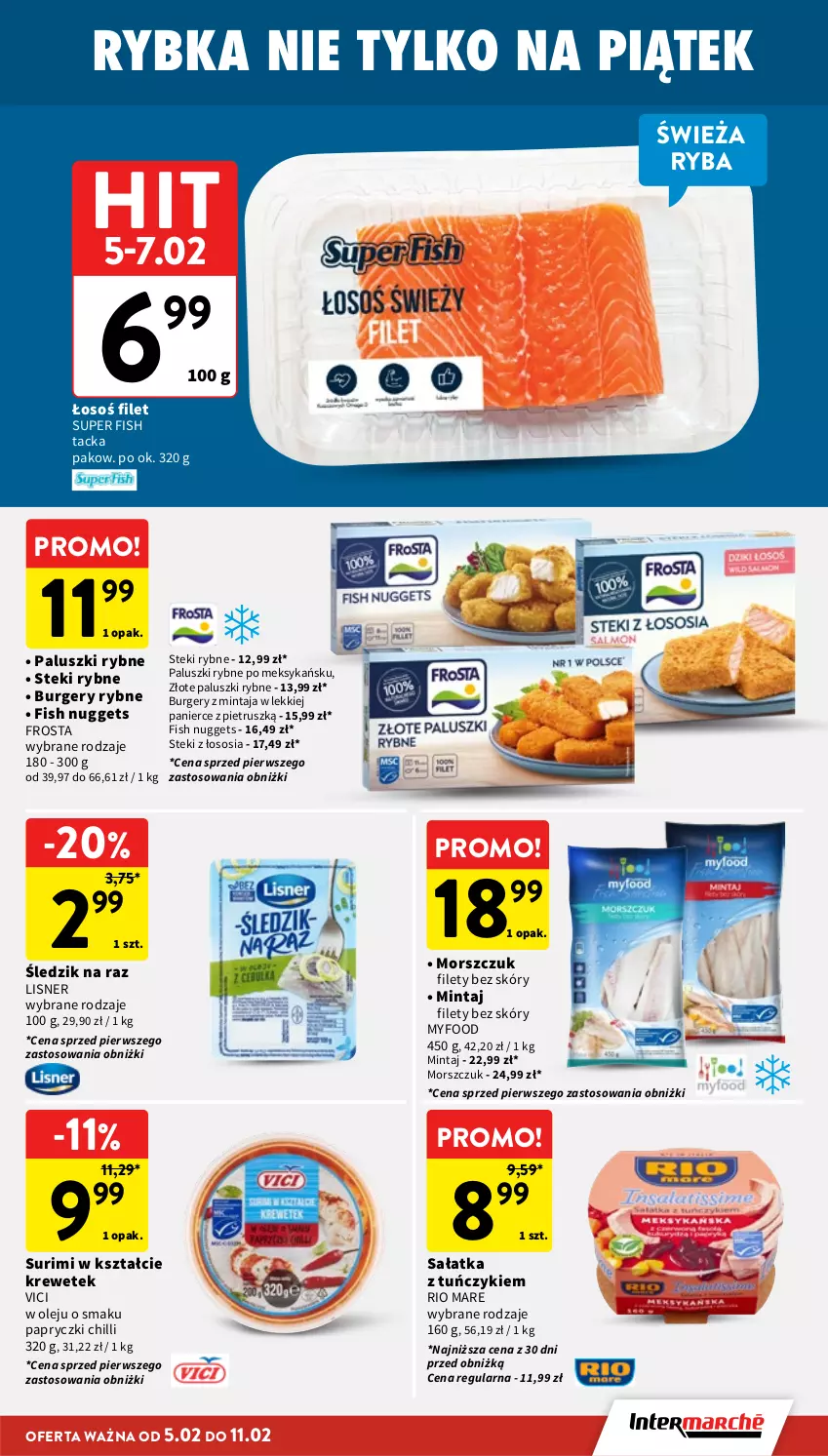 Gazetka promocyjna Intermarche - Gazetka Intermarche - ważna 05.02 do 11.02.2026 - strona 17 - produkty: Burger, Frosta, Lisner, Mintaj, Olej, Paluszki rybne, Rio Mare, Ryba, Sałat, Sałatka, Sos, Stek, Surimi, Tuńczyk