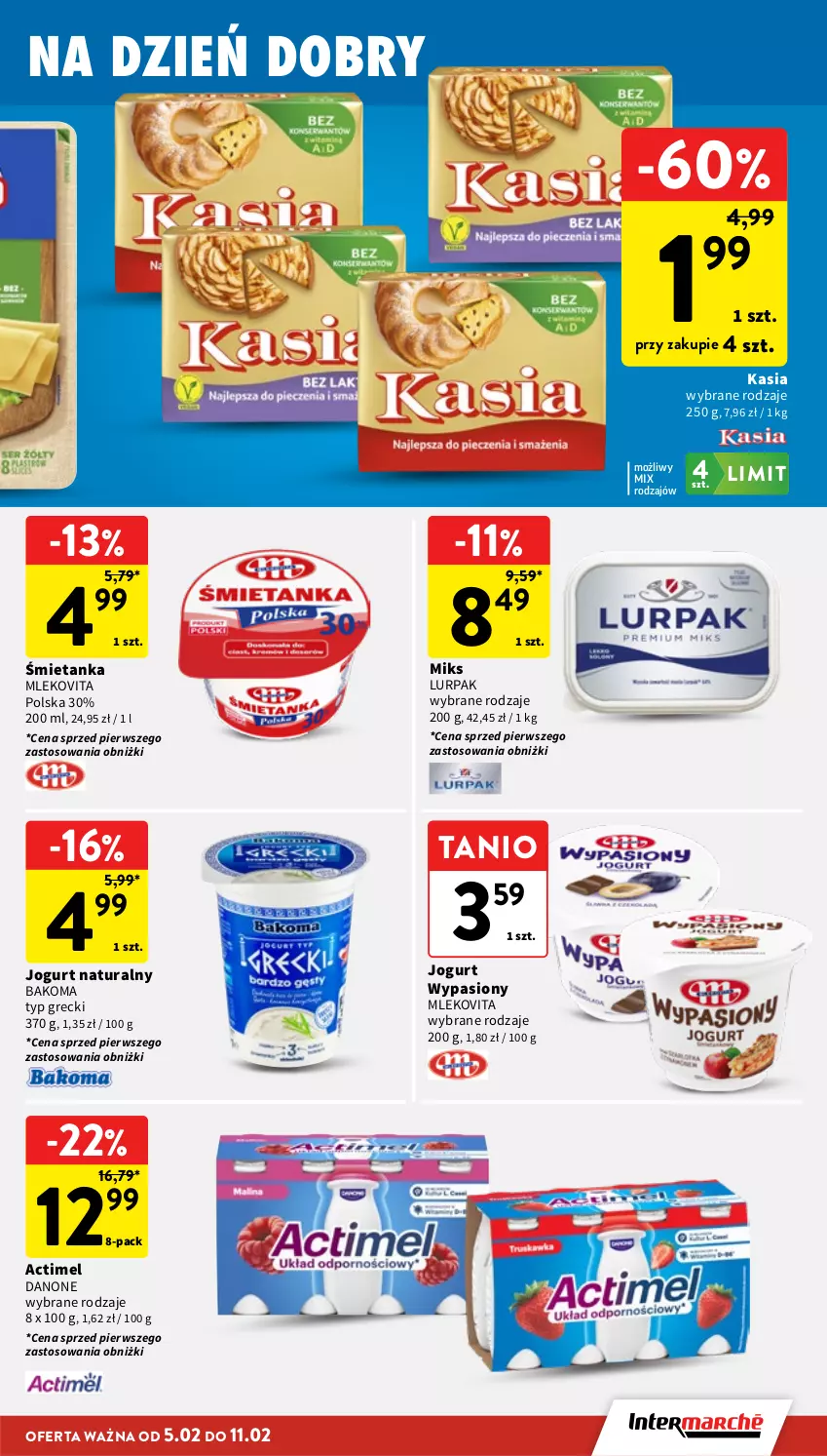 Gazetka promocyjna Intermarche - Gazetka Intermarche - ważna 05.02 do 11.02.2026 - strona 19 - produkty: Actimel, Bakoma, Danone, Jogurt, Jogurt naturalny, Kasia, Lurpak, Mleko, Mlekovita