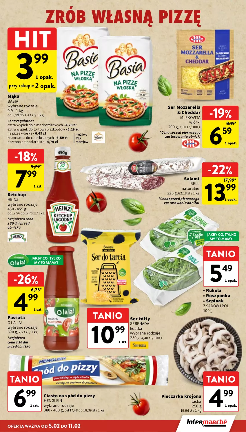 Gazetka promocyjna Intermarche - Gazetka Intermarche - ważna 05.02 do 11.02.2026 - strona 25 - produkty: Basia, Bell, Cheddar, Heinz, Ketchup, Mąka, Mleko, Mlekovita, Mozzarella, Piec, Pieczarka, Roszponka, Rukola, Salami, Ser, Spód do pizzy, Szpinak