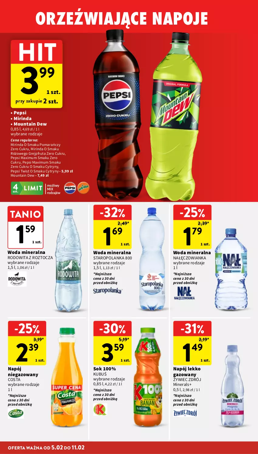 Gazetka promocyjna Intermarche - Gazetka Intermarche - ważna 05.02 do 11.02.2026 - strona 32 - produkty: Cytryny, Grejpfrut, Kubuś, Mirinda, Nałęczowianka, Napój, Napój niegazowany, Napoje, Pepsi, Pepsi max, Sok, Staropolanka, Woda, Woda mineralna