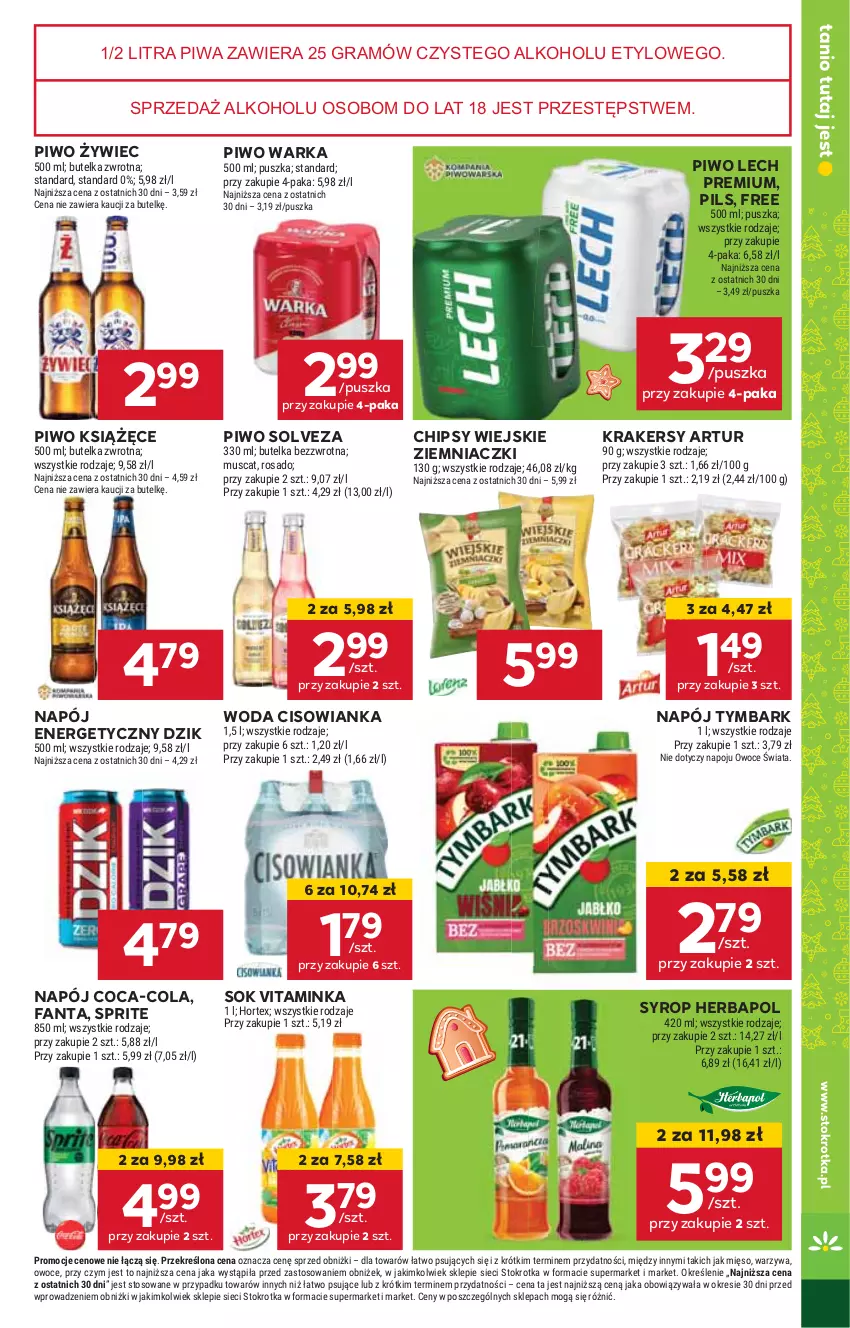 Gazetka promocyjna Stokrotka - Supermarket Opole/Radom - ważna 12.12 do 18.12.2024 - strona 43 - produkty: Artur, Chipsy, Cisowianka, Coca-Cola, Fa, Fanta, Gra, Herbapol, HP, Inka, Krakersy, Książęce, Lech Premium, Napój, Napój energetyczny, Piwa, Piwo, Sok, Sprite, Syrop, Tymbark, Warka, Woda