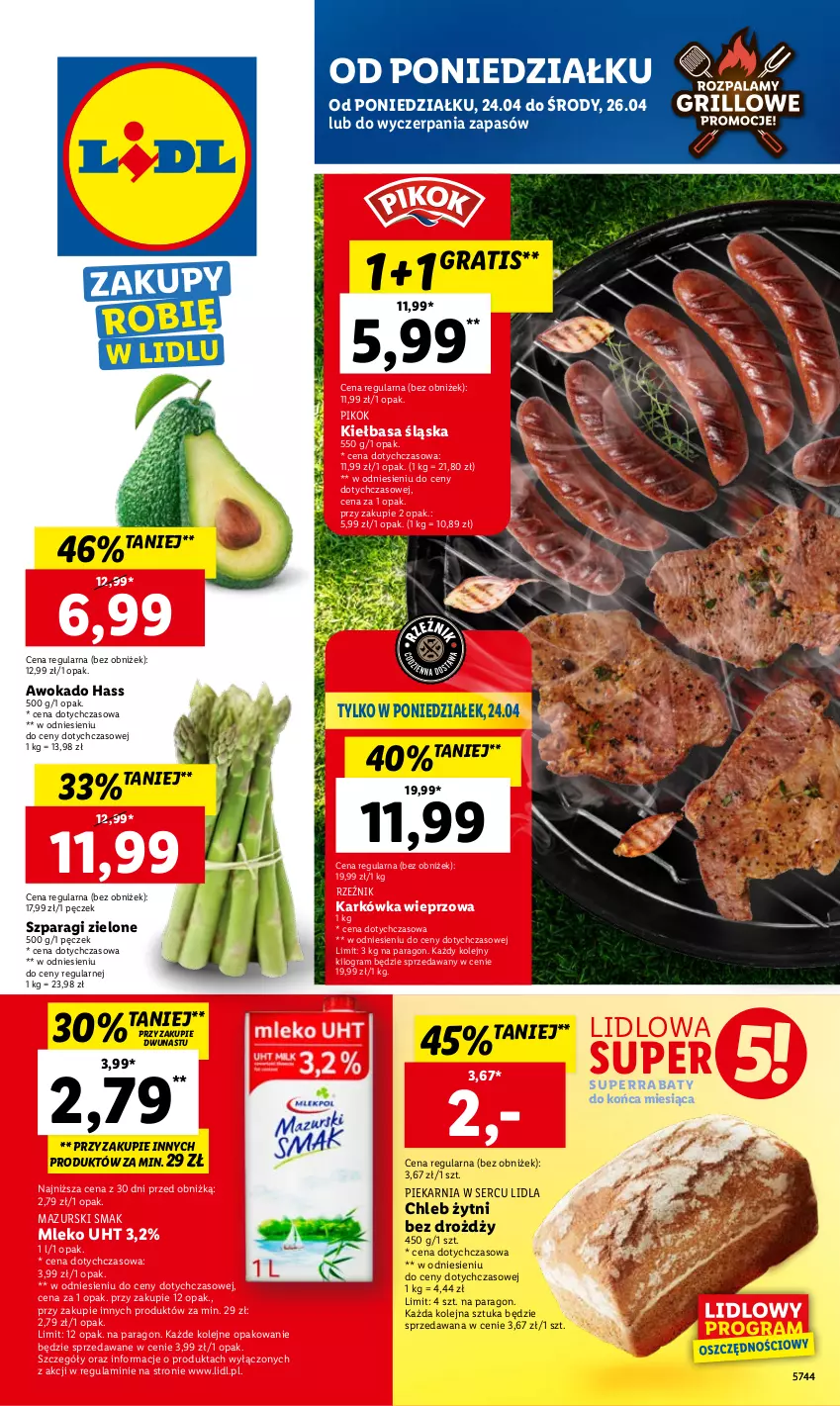 Gazetka promocyjna Lidl - GAZETKA - ważna 24.04 do 26.04.2023 - strona 1 - produkty: Chleb, Gra, Karkówka wieprzowa, Kiełbasa, Kiełbasa śląska, Mleko, Olej, PIKOK, Ser