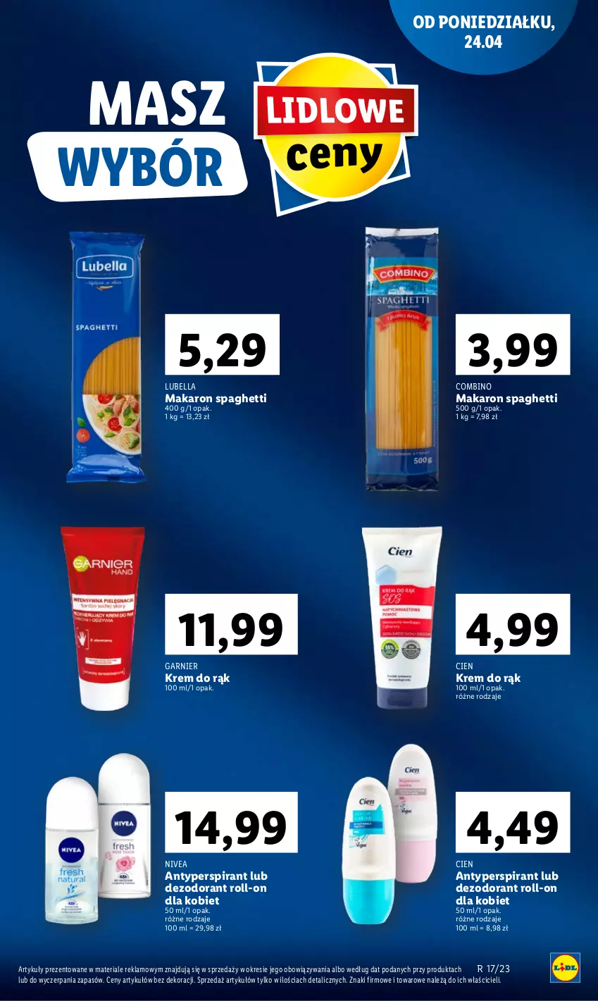 Gazetka promocyjna Lidl - GAZETKA - ważna 24.04 do 26.04.2023 - strona 11 - produkty: Antyperspirant, Bell, Bella, Dezodorant, Garnier, Krem do rąk, Lubella, Makaron, Nivea, Spaghetti