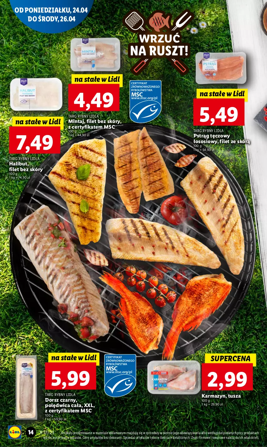 Gazetka promocyjna Lidl - GAZETKA - ważna 24.04 do 26.04.2023 - strona 20 - produkty: Dorsz, Halibut, Mintaj, Polędwica, Pstrąg, Pstrąg tęczowy, Sos, Tusz