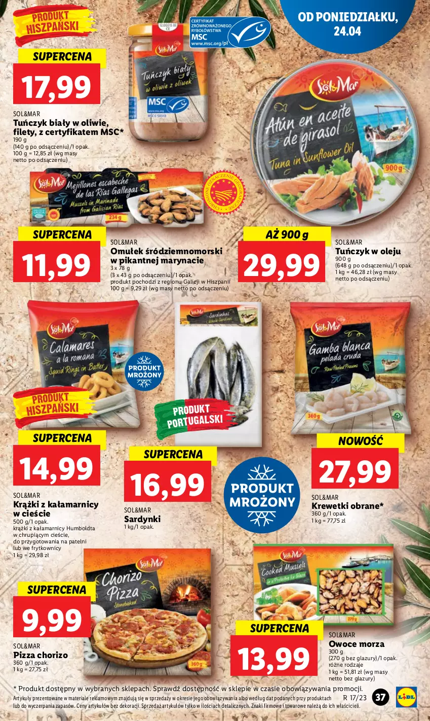 Gazetka promocyjna Lidl - GAZETKA - ważna 24.04 do 26.04.2023 - strona 47 - produkty: Krewetki, Lazur, Olej, Owoce, Owoce morza, Pizza, Sardynki, Tuńczyk