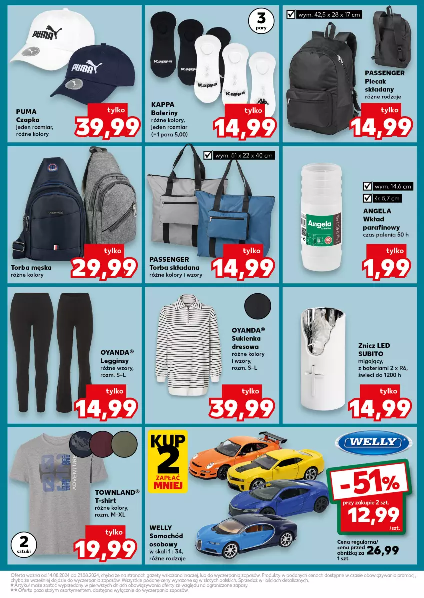 Gazetka promocyjna Kaufland - Kaufland - ważna 14.08 do 21.08.2024 - strona 5 - produkty: Baleriny, Bateria, Czapka, Dres, Gin, Legginsy, Plecak, Puma, Samochód, Sukienka, T-shirt, Torba, Znicz