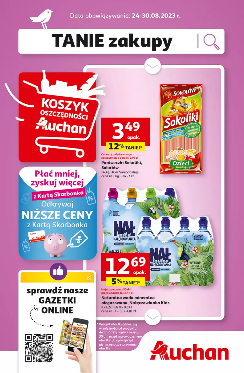 Gazetka promocyjna Auchan - Gazetka TANIE zakupy Hipermarket Auchan - ważna 24.08 do 30.08.2023 - strona 1 - produkty: Dzieci, Nałęczowianka, Sok, Sokołów, Woda, Woda mineralna