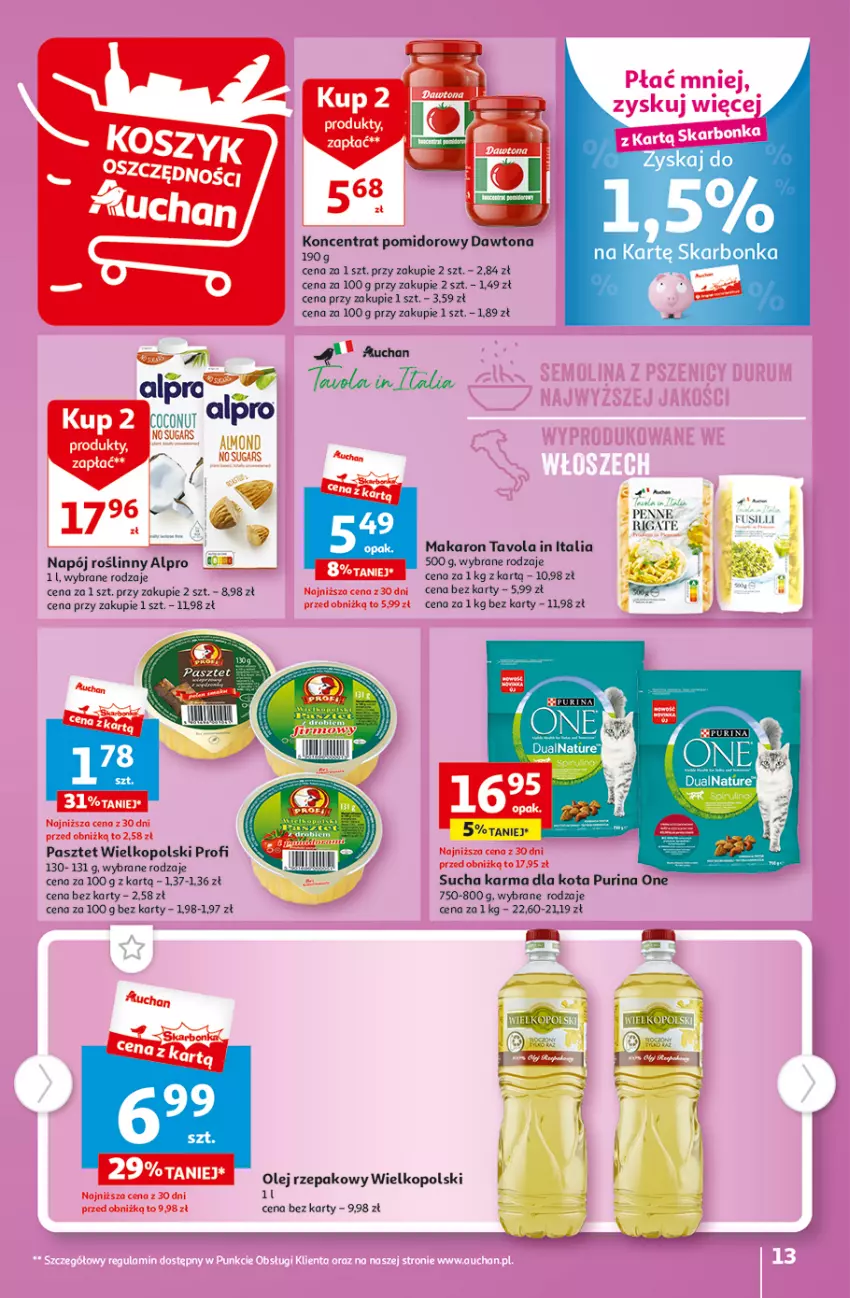 Gazetka promocyjna Auchan - Gazetka TANIE zakupy Hipermarket Auchan - ważna 24.08 do 30.08.2023 - strona 13 - produkty: Alpro, Dawtona, Koncentrat pomidorowy, Makaron, Napój, Napój roślinny, Olej, Olej rzepakowy, Pasztet, Pur, Purina, Sucha karma