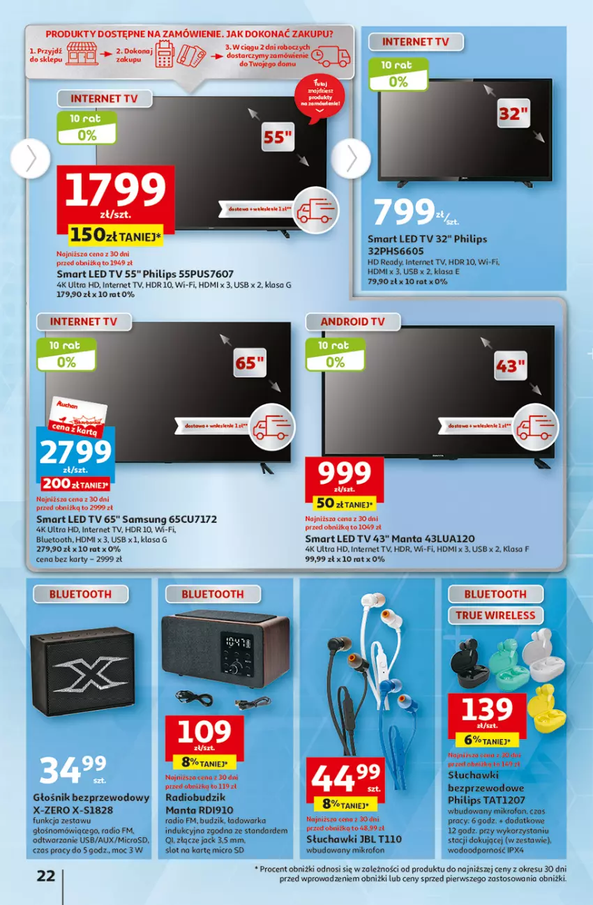 Gazetka promocyjna Auchan - Gazetka TANIE zakupy Hipermarket Auchan - ważna 24.08 do 30.08.2023 - strona 22 - produkty: Android TV, Budzik, Głośnik, HD ready, JBL, LED TV, Manta, Mikrofon, Philips, Por, Radiobudzik, Samsung, Słuchawki, Warka