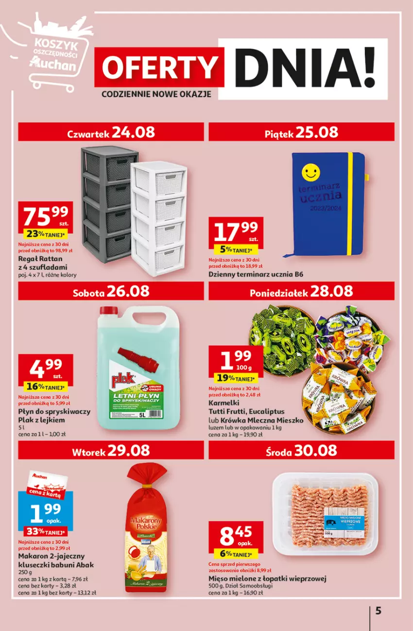 Gazetka promocyjna Auchan - Gazetka TANIE zakupy Hipermarket Auchan - ważna 24.08 do 30.08.2023 - strona 5 - produkty: Babuni, Fa, Makaron, Mięso, Mięso mielone, Mięso mielone z łopatki wieprzowej, Płyn do spryskiwaczy, Regał