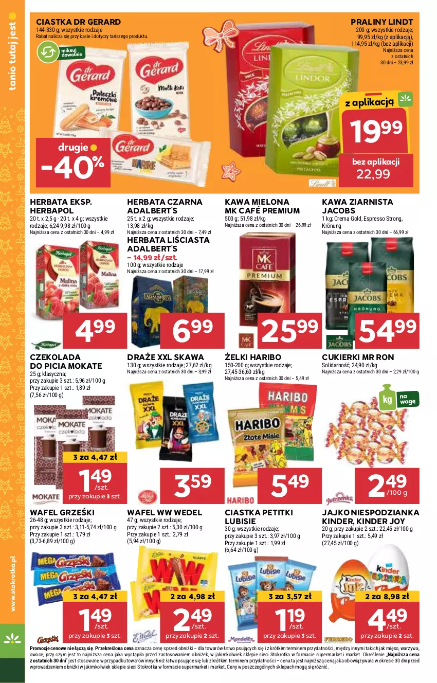 Gazetka promocyjna Stokrotka - Supermarket Opole/Radom - ważna 05.12 do 11.12.2024 - strona 18 - produkty: Ciastka, Cukier, Cukierki, Czekolada, Dr Gerard, Grześki, Haribo, Herbapol, Herbata, Herbata czarna, Jacobs, Kawa, Kawa mielona, Kawa ziarnista, Kinder, Lindt, Lubisie, Mięso, Owoce, Praliny, Warzywa