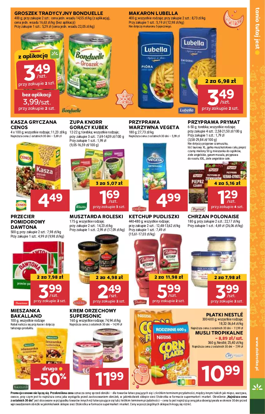 Gazetka promocyjna Stokrotka - Supermarket Opole/Radom - ważna 05.12 do 11.12.2024 - strona 19 - produkty: Bakalland, Bell, Bella, Bonduelle, Cenos, Chrzan, Dawtona, Gałka, Groszek, Gry, Kasza, Kasza gryczana, Ketchup, Knorr, Krem orzechowy, Kubek, Laur, Lubella, Makaron, Mięso, Mus, Musztarda, Nestlé, Owoce, Pieprz, Prymat, Przyprawa do rosołu, Pudliszki, Torebka, Vegeta, Warzywa, Ziele angielskie, Zupa