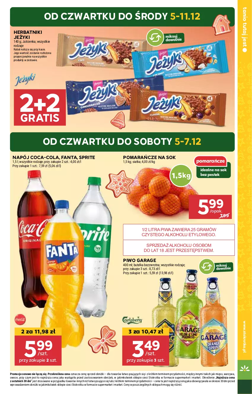 Gazetka promocyjna Stokrotka - Supermarket Opole/Radom - ważna 05.12 do 11.12.2024 - strona 3 - produkty: Coca-Cola, Fa, Fanta, Gra, Herbatniki, Jeżyki, Mięso, Napój, Owoce, Piwa, Piwo, Pomarańcze, Por, Siatka, Sok, Sprite, Stek, Warzywa