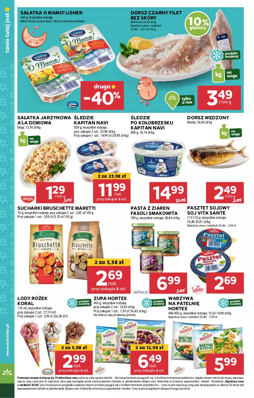 Gazetka promocyjna Stokrotka - Supermarket Opole/Radom - ważna 05.12 do 11.12.2024 - strona 38 - produkty: Bruschette, Dorsz, Dorsz wędzony, Fa, Hortex, Lazur, Lisner, Lody, Mięso, Owoce, Pasztet, Sałat, Sałatka, Sante, Smakowita, Warzywa, Zupa