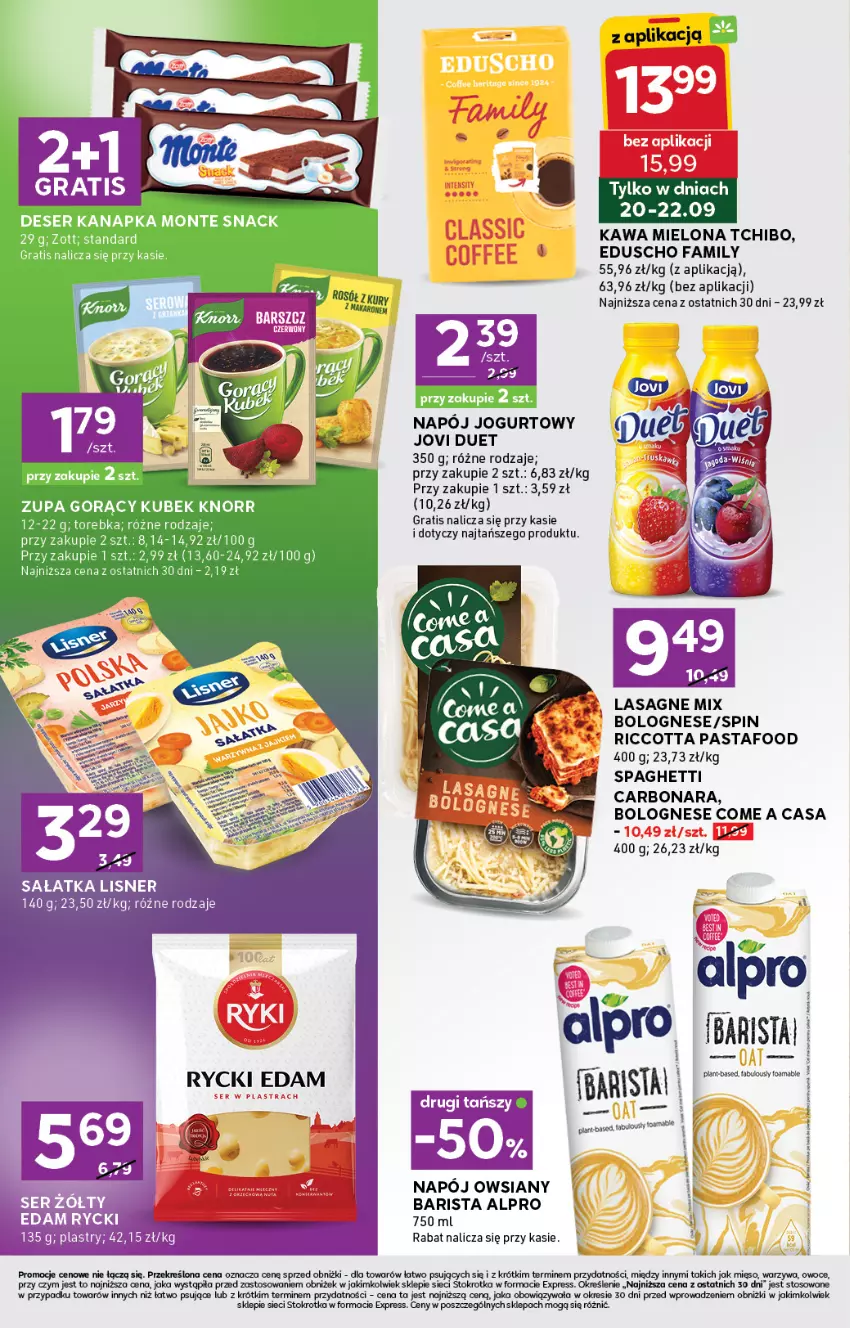 Gazetka promocyjna Stokrotka - Stokrotka Express - ważna 16.04 do 22.04.2026 - strona 4 - produkty: Alpro, Edam, Fa, Gra, Jogurt, Kawa, Kawa mielona, Lasagne, Lisner, Mięso, Owoce, Rycki Edam, Sałat, Sałatka, Ser, Spaghetti, Tchibo, Warzywa