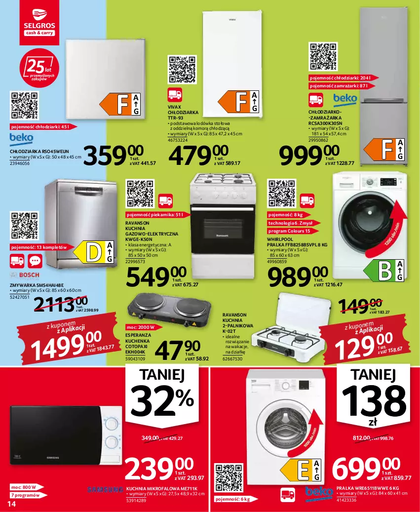 Gazetka promocyjna Selgros - Oferta przemysłowa - ważna 19.04 do 04.05.2022 - strona 14 - produkty: Chłodziarka, Fa, Gra, Kuchnia, Kuchnia gazowo-elektryczna, Lodówka, Pax, Piekarnik, Pralka, Top, Warka, Whirlpool, Zamrażarka, Zmywarka