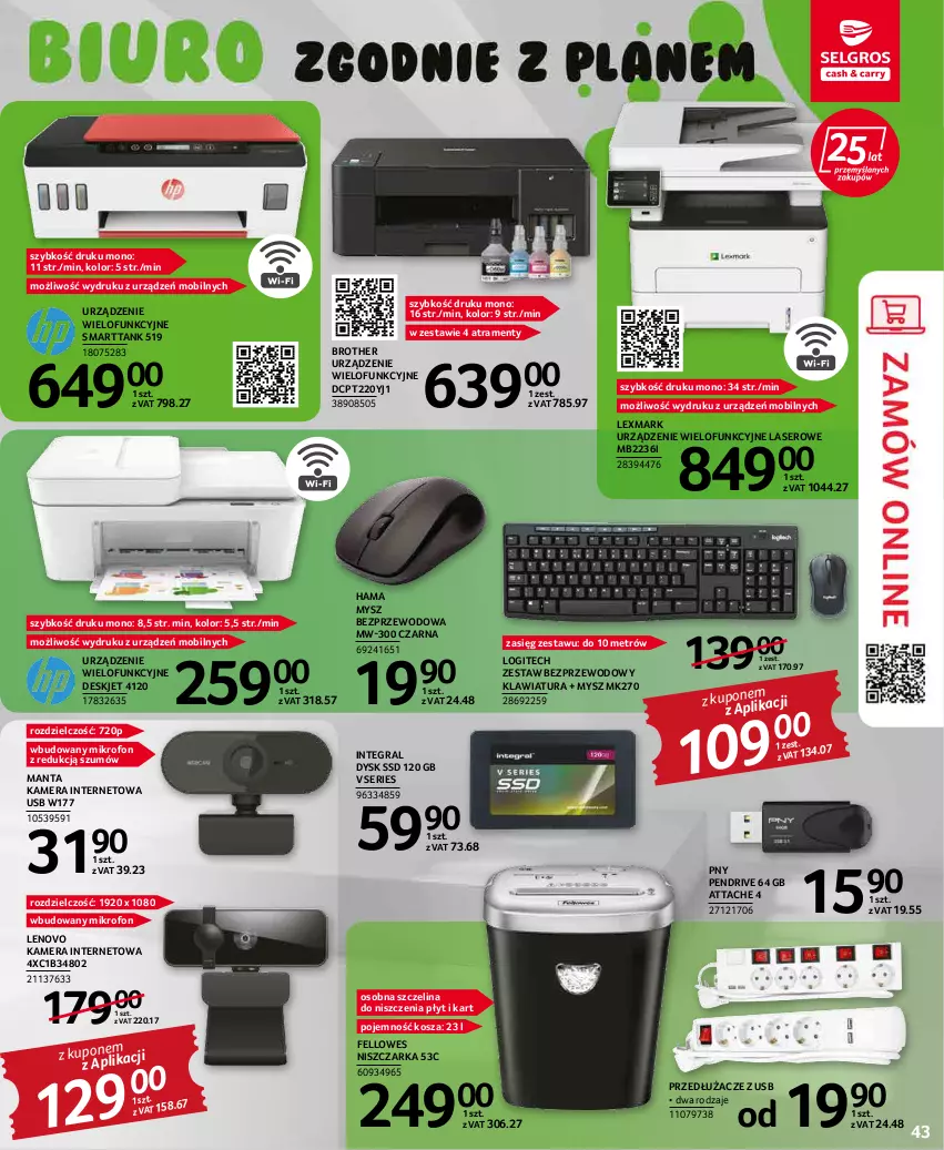 Gazetka promocyjna Selgros - Oferta przemysłowa - ważna 19.04 do 04.05.2022 - strona 43 - produkty: Brother, Gra, Hama, K2, Kamera, Kamera internetowa, Klawiatura, Kosz, Lenovo, Logitech, Manta, Mikrofon, Mobil, Mysz, Mysz bezprzewodowa, Niszczarka, Pendrive, Ser, Urządzenie wielofunkcyjne