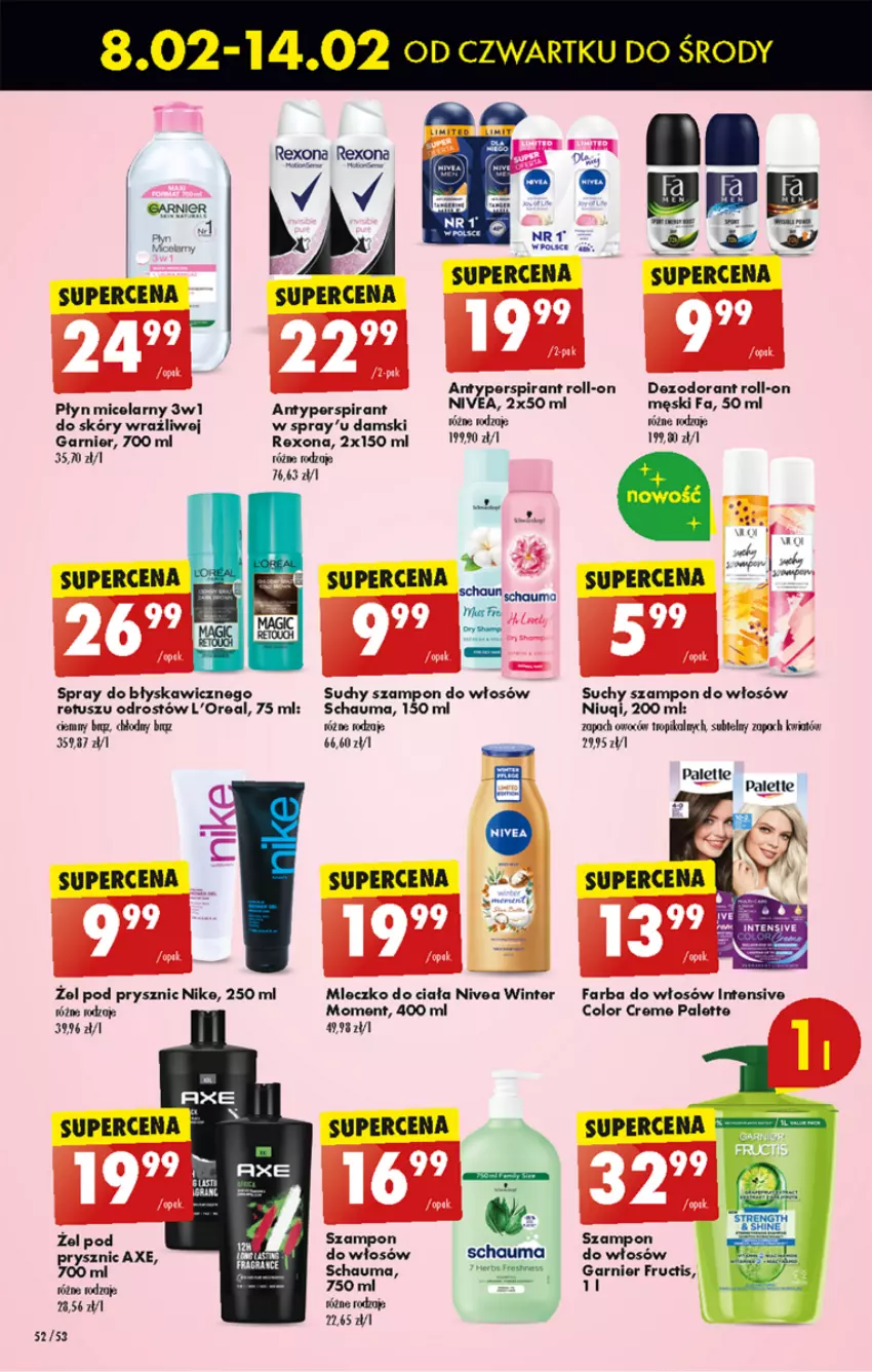 Gazetka promocyjna Biedronka - Od czwartku - ważna 08.02 do 14.02.2024 - strona 56 - produkty: Antyperspirant, Color Creme, Dezodorant, Fa, Farba do włosów, Figi, Fructis, Garnier, Mleczko, Mleczko do ciała, Nike, Niuqi, Nivea, Palette, Rexona, Schauma, Suchy szampon, Szampon, Tusz