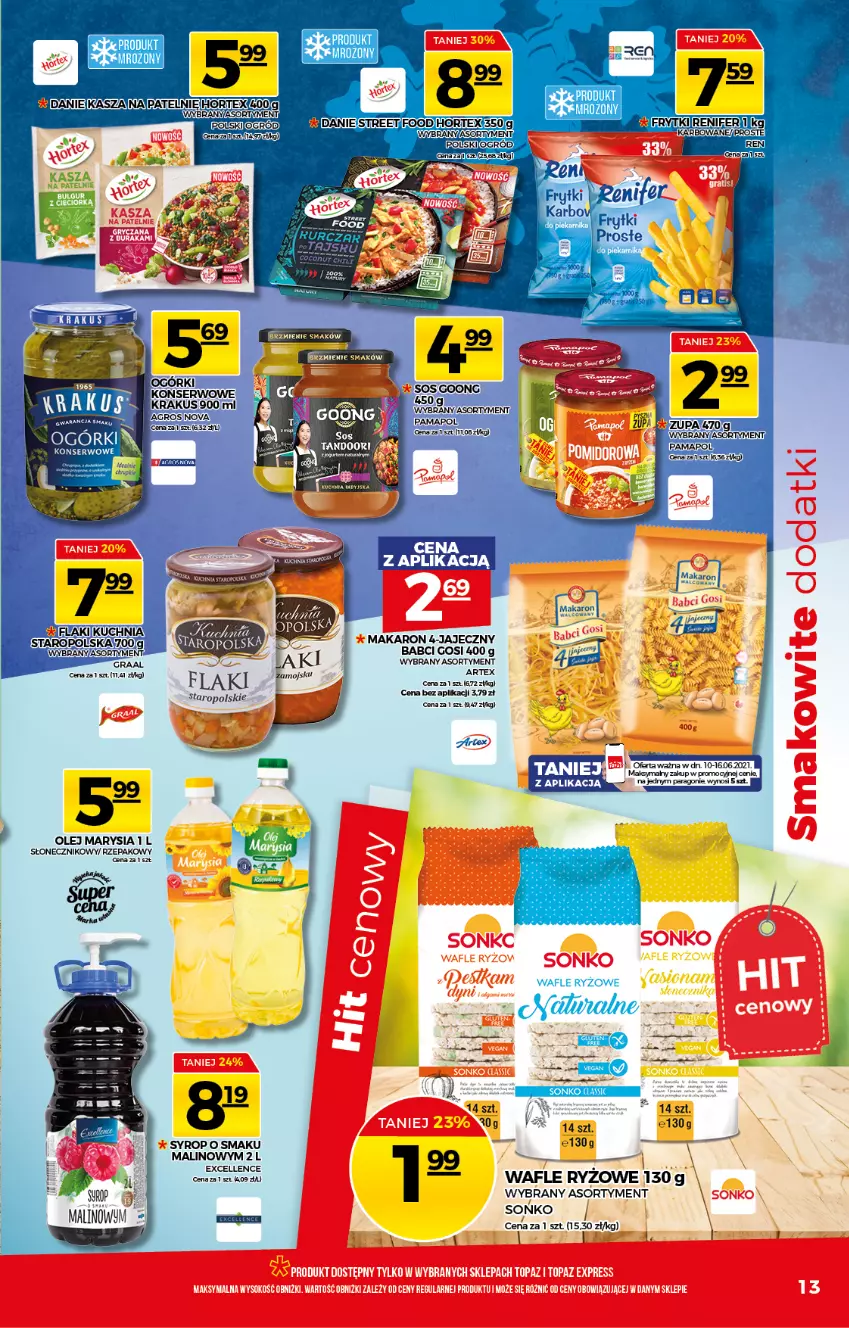 Gazetka promocyjna Topaz - Gazetka - ważna 10.06 do 16.06.2021 - strona 13 - produkty: Kasza, Makaron, Olej, Ryż, Sonko, Syrop, Wafle, Zupa