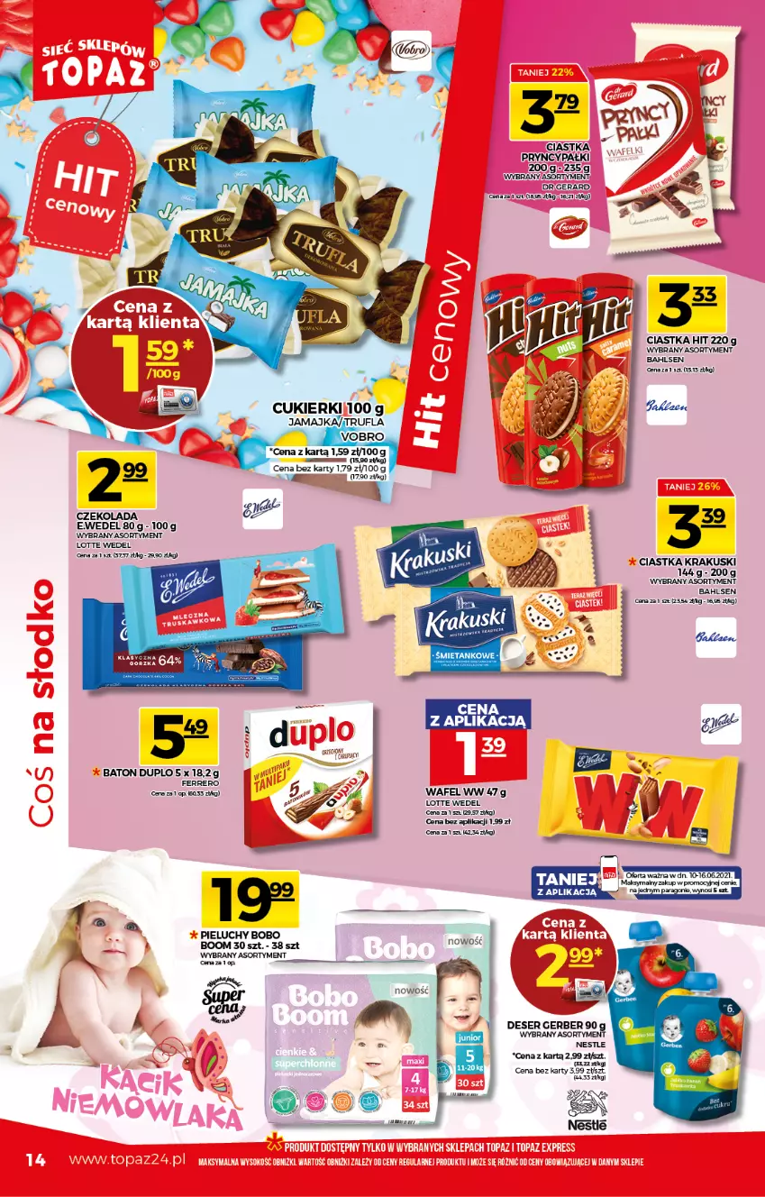 Gazetka promocyjna Topaz - Gazetka - ważna 10.06 do 16.06.2021 - strona 14 - produkty: Baton, Ciastka, Cukier, Cukierki, Deser, Ferrero, Gerber, Krakus, Krakuski, Pieluchy, Por, Ser