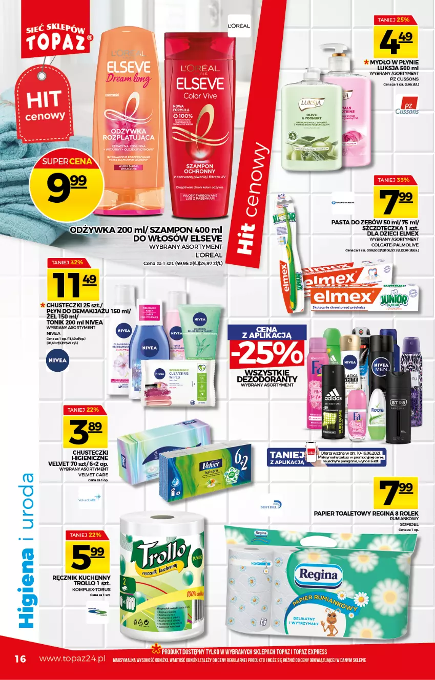 Gazetka promocyjna Topaz - Gazetka - ważna 10.06 do 16.06.2021 - strona 16 - produkty: Chusteczki, Colgate, Dzieci, Elmex, Elseve, Gin, LG, Luksja, Makijaż, Mydło, Mydło w płynie, Nivea, Palmolive, Papier, Papier toaletowy, Pasta do zębów, Ręcznik, Ręcznik kuchenny, Rum, Sok, Szampon, Szczoteczka, Tonik, Top, Velvet