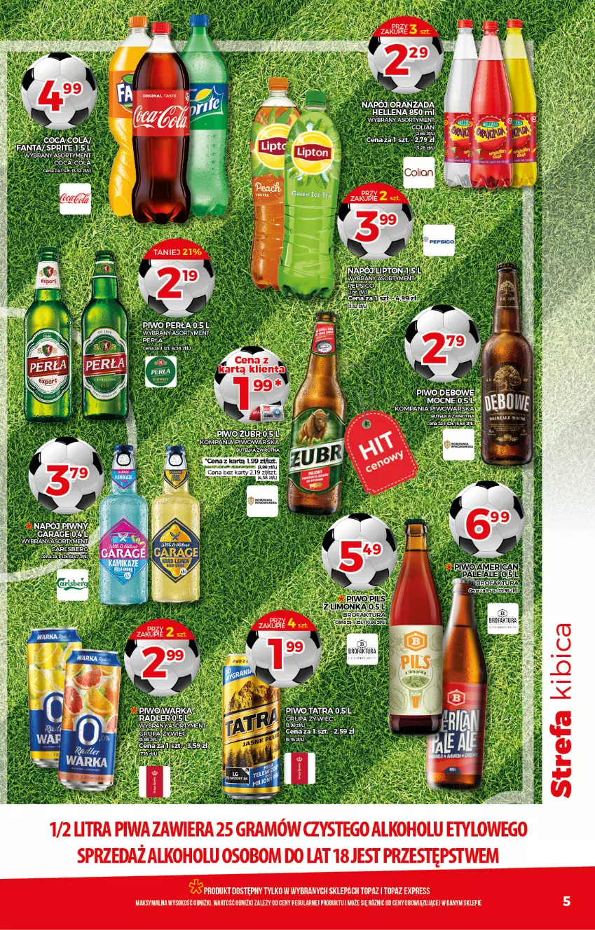 Gazetka promocyjna Topaz - Gazetka - ważna 10.06 do 16.06.2021 - strona 5 - produkty: Carlsberg, Coca-Cola, Fa, Fanta, Gra, Hellena, Napój, Oranżada, Perła, Piwa, Piwo, Radler, Rosie, Sok, Sprite, Tatra, Top