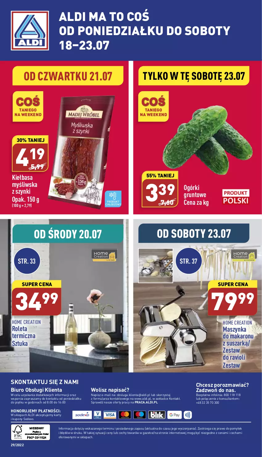 Gazetka promocyjna Aldi - Zaplanuj zakupy z wyprzedzeniem - ważna 18.07 do 30.07.2022 - strona 16 - produkty: Biuro, Grunt, Kiełbasa, Makaron, Maszynka, O nas, Por, Roleta, Szynka