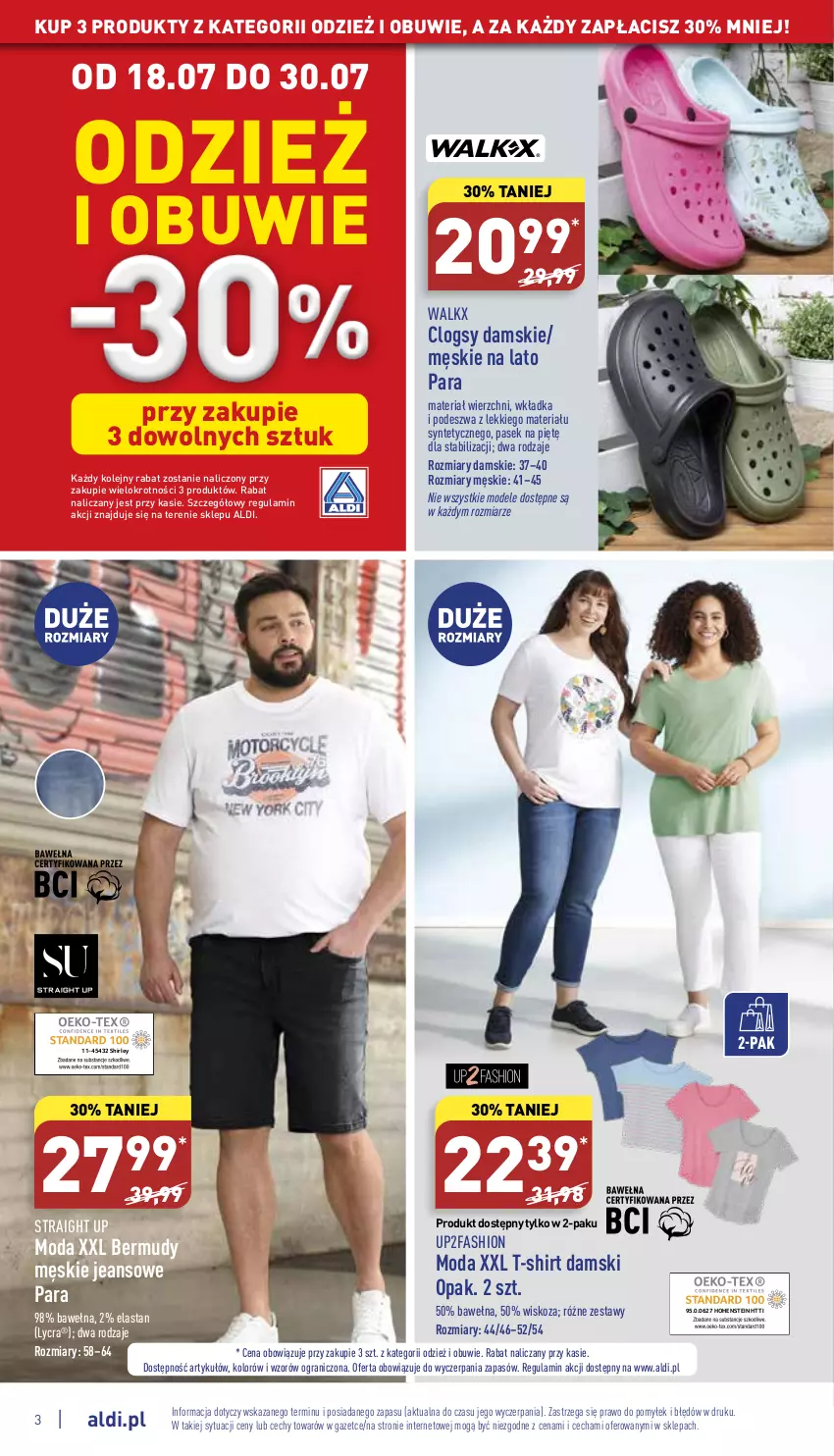 Gazetka promocyjna Aldi - Zaplanuj zakupy z wyprzedzeniem - ważna 18.07 do 30.07.2022 - strona 3 - produkty: Bermudy, Clogsy, Fa, Gra, Moda, Obuwie, Olej, Pasek, T-shirt, Wełna