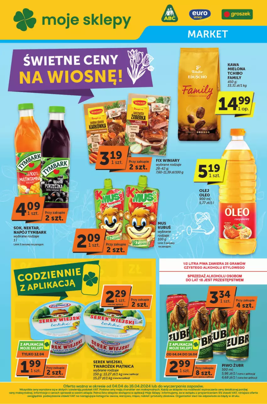 Gazetka promocyjna ABC - ważna 04.04 do 16.04.2024 - strona 1 - produkty: Fa, Gra, Kawa, Kawa mielona, Kubuś, Malm, Miecz, Mięso, Napój, Nektar, Olej, Oleo, Owoce, Piątnica, Piwa, Ser, Serek, Serek wiejski, Sok, Tchibo, Tchibo Family, Tymbark, Warzywa, Winiary