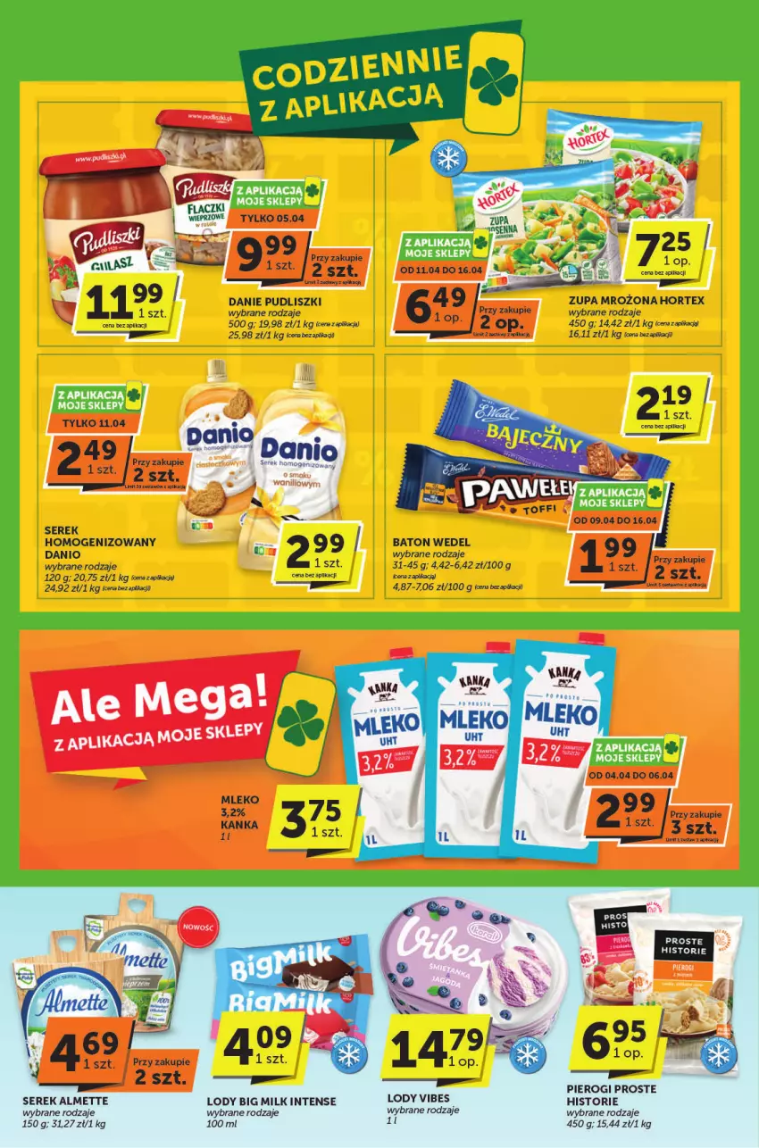 Gazetka promocyjna ABC - ważna 04.04 do 16.04.2024 - strona 2 - produkty: Almette, Baton, Big Milk, Danio, Hortex, Lody, Mleko, Pierogi, Pudliszki, Ser, Serek, Zupa