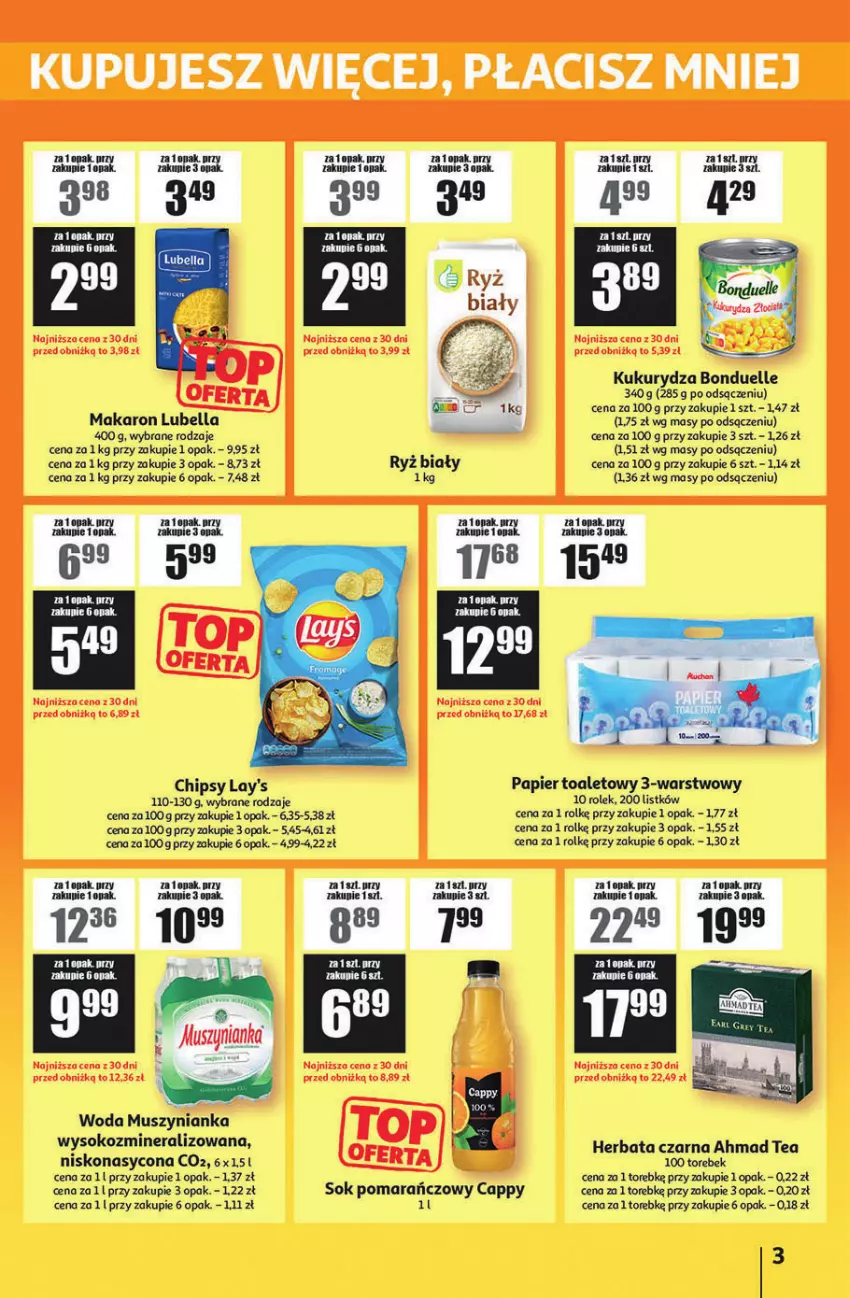 Gazetka promocyjna Auchan - Gazetka ATAC Hiper Discount - ważna 02.01 do 21.01.2026 - strona 3 - produkty: Bell, Bella, Cappy, Chipsy, Herbata, Herbata czarna, Kukurydza, Lubella, Makaron, Mus, Muszynianka, Papier, Papier toaletowy, Sok, Sok pomarańczowy, Woda