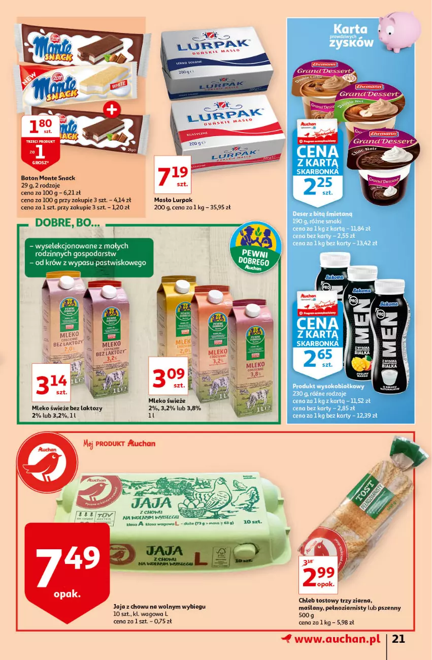 Gazetka promocyjna Auchan - przeNISKIE CENY na przebojowe marki Hipermarkety - ważna 10.02 do 16.02.2022 - strona 21 - produkty: Baton, Chleb, Chleb tostowy, Deser, Gra, Jaja, Lurpak, Masło, Mleko, Monte, Ser, Sok