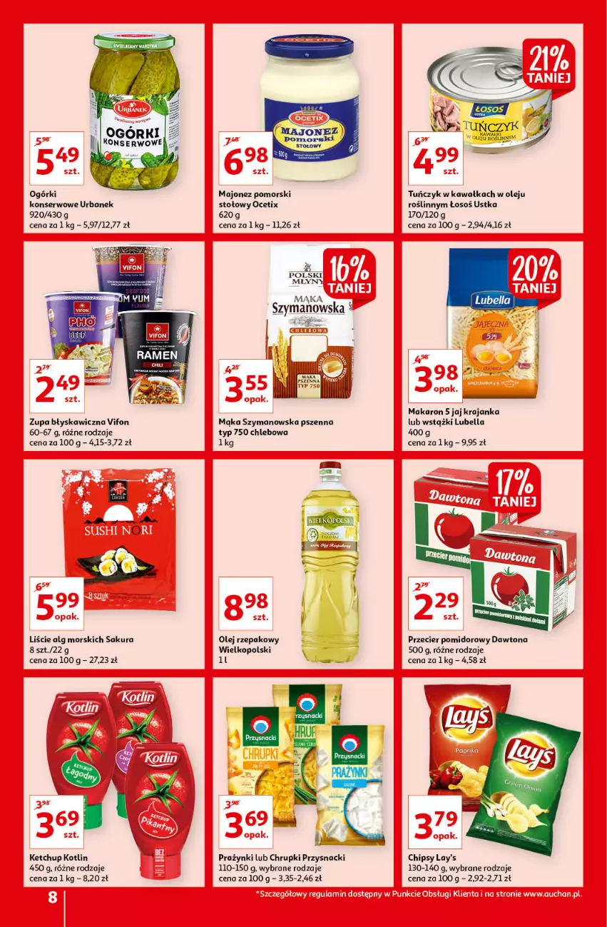 Gazetka promocyjna Auchan - przeNISKIE CENY na przebojowe marki Hipermarkety - ważna 10.02 do 16.02.2022 - strona 8 - produkty: Bell, Bella, Chipsy, Chleb, Chrupki, Dawtona, Kawa, Ketchup, Kotlin, LG, Lubella, Majonez, Mąka, Makaron, Ocet, Ogórki konserwowe, Olej, Olej rzepakowy, Przysnacki, Ser, Tuńczyk, Zupa