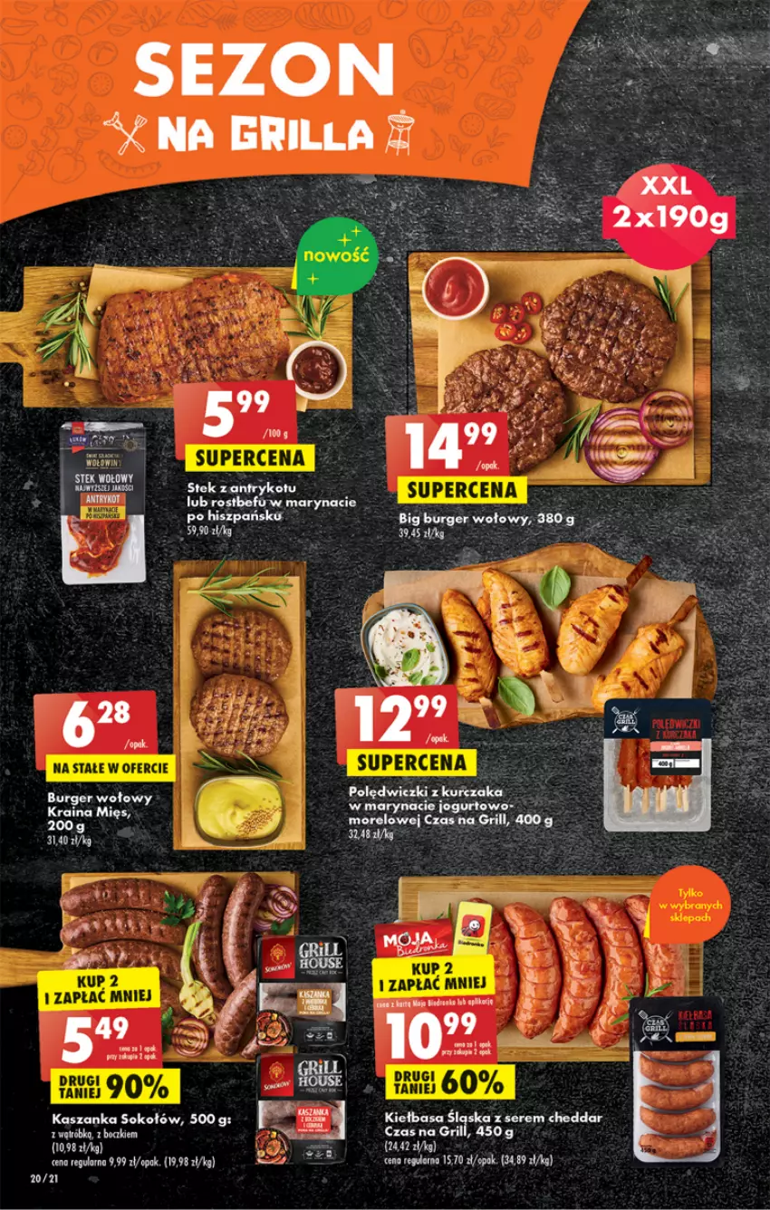 Gazetka promocyjna Biedronka - ważna 24.04 do 29.04.2023 - strona 20 - produkty: Cheddar, Grill, Kasza, Kaszanka, Kiełbasa, Kiełbasa śląska, Kosz, Kurczak, Polędwiczki z kurczaka, Ser, Sok, Sokołów, Stek